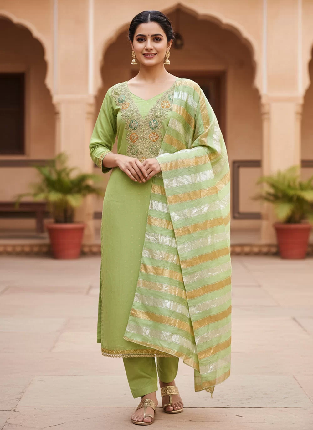 Green Chanderi Embroidered Work Pant Style Suit